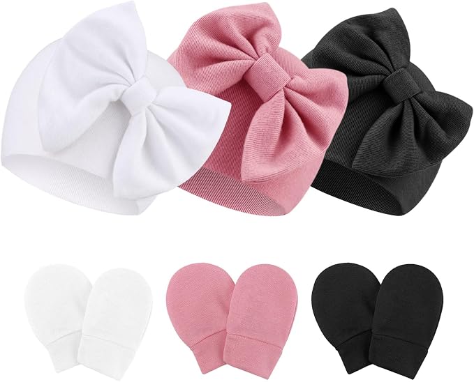 Newborn Baby Hats and Mittens Set Infant Bow Beanie Cap Toddler Gloves Newborn by AQOKKA