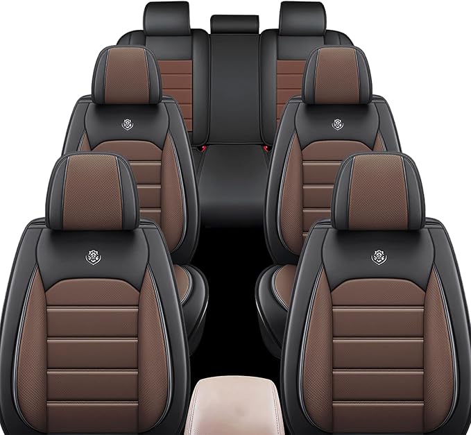 JOJ Fit for Toyota Highlander 2001-2022 Seat Covers,7 Seat Car Seat Cover,No-Slip Waterproof Breathable Faux Leather Automotive Seat Covers Auto Interior Covers,Full Set,Black Coffee