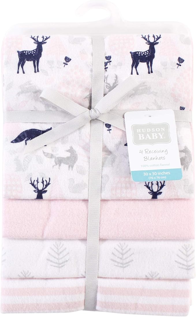 Hudson Baby Unisex Baby Cotton Flannel Receiving Blankets, Linocut Woodland Girl - Image 2
