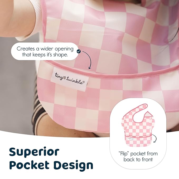 Tiny Twinkle Mess Proof Baby Bibs for Eating – Waterproof, Wipeable Toddler Bibs with Pocket – Baby Food Bibs for Girls & Boys(3 Pack,Checkers Girl)