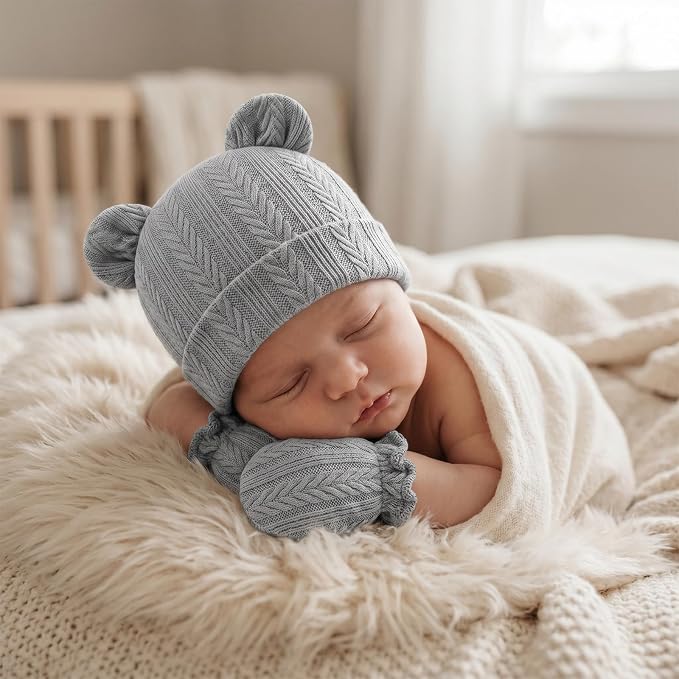 Newborn Baby Hats Bear Ears and Mittens Sets Preemie Toddler Infant Caps Baby - Image 3