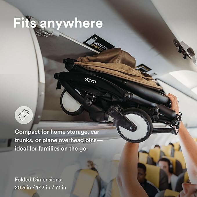 Stokke YOYO3 Stroller from 6 Months - Includes Black Frame/Toffee Seat Cushion + Canopy - Folds in & Out in a Flash - Light & Compact - Carry-On Compatible
