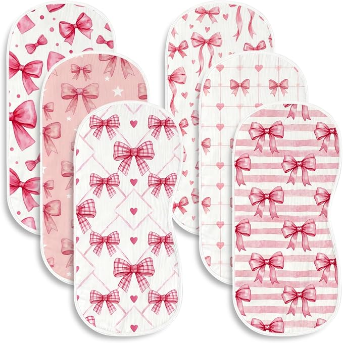 6 Pack Pink Bow Baby Burp Cloths, 20x10 Contoured Burp Rags by Spriggenix