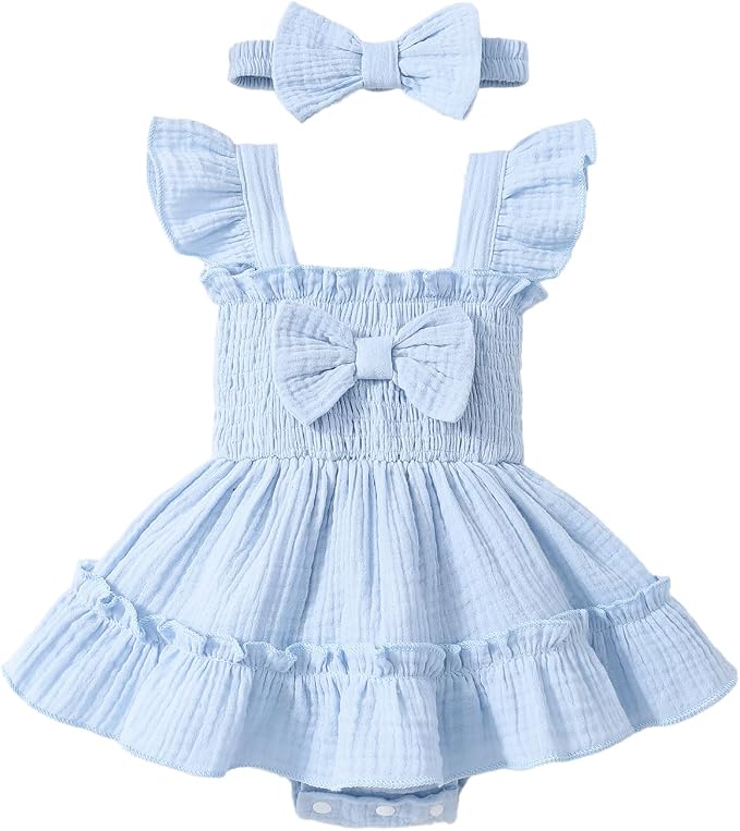Baby Girl Smocked Romper Dress Ruffle Bow Summer Outfit by Megeoly