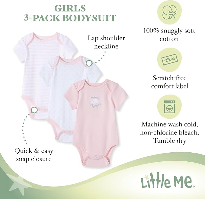 Little Me Clothes for Baby Girls' 3-Pack 100% Cotton Bodysuits - Image 3