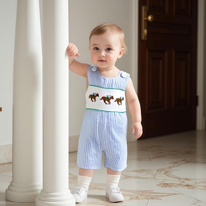 Newborn Baby Boys Sleeveless Seersucker Romper One Piece Straps Overalls - Image 7