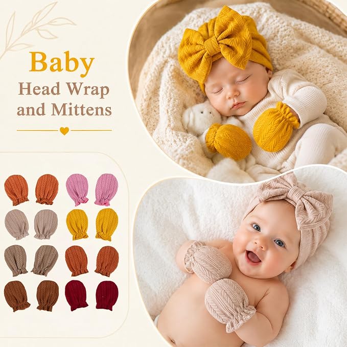 8 Sets Newborn Baby Girl Bow Hats and Mittens Turban Beanies 0-3M | Cotton - Image 6
