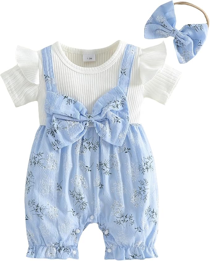 YINGISFITM Newborn Baby Girl Summer Clothes Short Sleeve Bubble Romper Bow by YINGISFITM