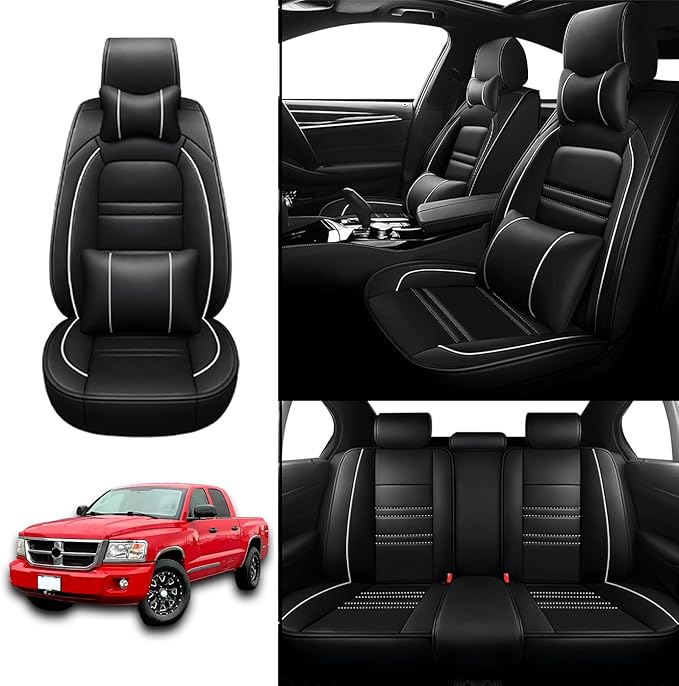 Car Seat Covers for Dodge Dakota 2000-2011 | 5-Seats Seat Covers, Waterproof Seat Protectors, Automotive Seat Covers (Full Set with Pillow,Black&White Line)