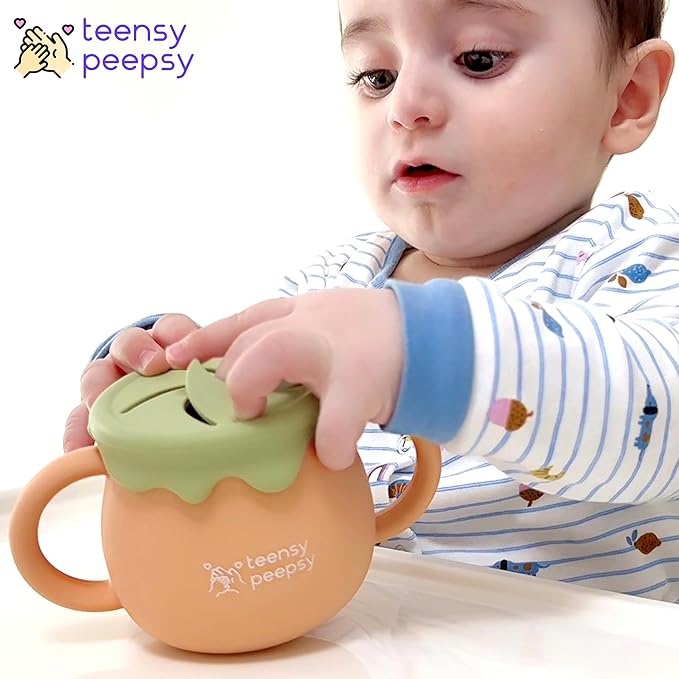 Honey Jar Pot 3-in-1 Silicone Training Cup 8.5oz, Baby Sippy Cup with Straw & Snack Cup for 6 months+ Straw Cup for Baby Boy Gift, Open Cup Toddler Smoothie Drinkware (Forest Green)