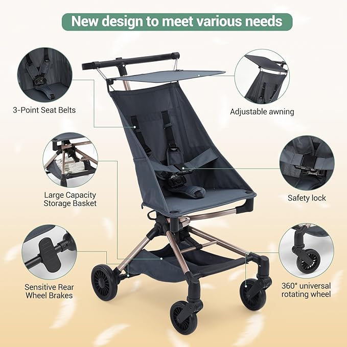 Lightweight Baby Travel Stroller – Compact & Airplane-Friendly Design, One-Hand Fold, 8.4 Lbs Carbon Fiber Frame, Breathable Fabric, Overhead Luggage Compatible, Perfect Infant & Toddler Stroller,Blue