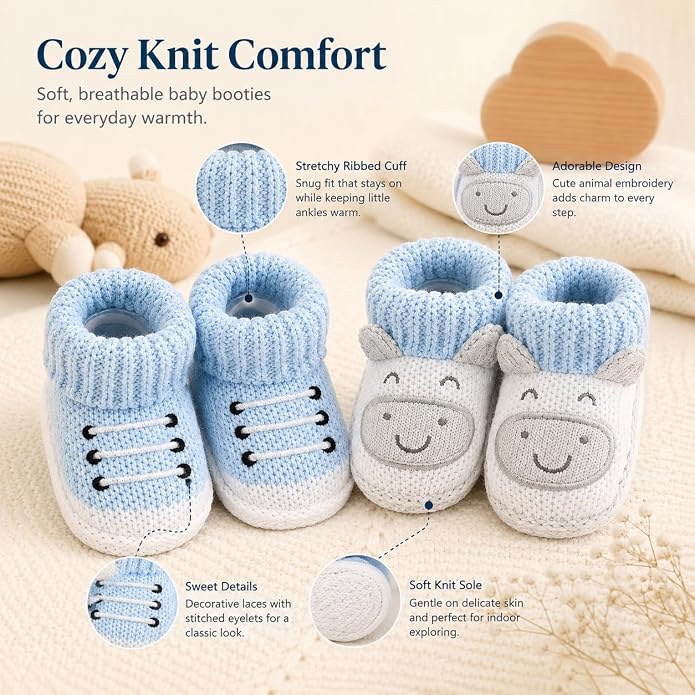 2 Pairs Baby Booties Newborn First Walkers Cozy Shoes Warm Knit Soft Booties - Image 8