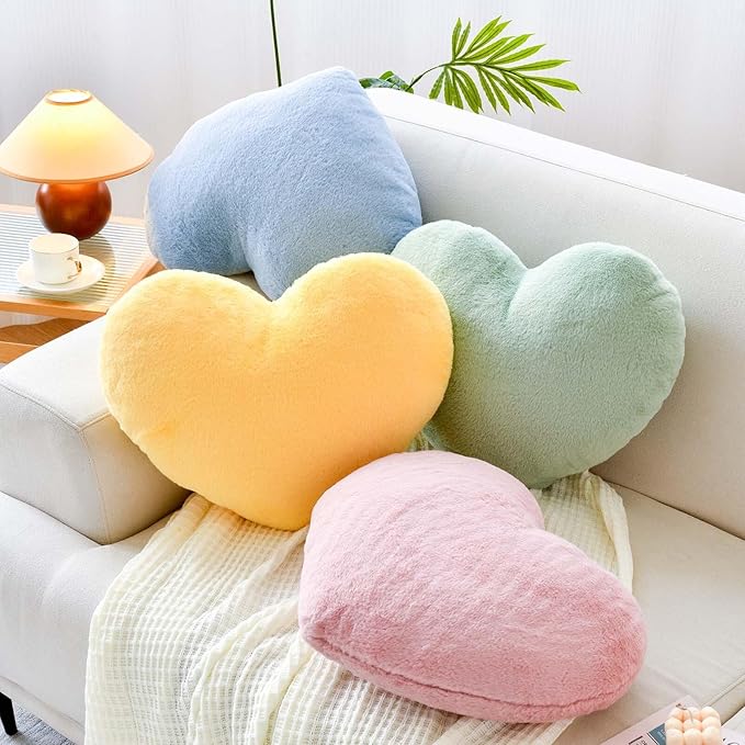 Dusty Blue Heart Pillows, Cute Heart Decorative Pillow, Heart Shaped Throw Pillows for Bed, Faux Rabbit Fur Plush Hoom Decor Pillow Cushion for Chair Sofa Living Room (Medium-15.7"x11.8")