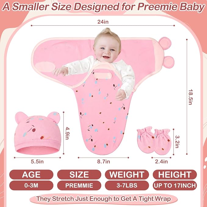 3 Pack Preemie Swaddle with Hat and Mittens Set, Adjustable Cotton Swaddle - Image 3