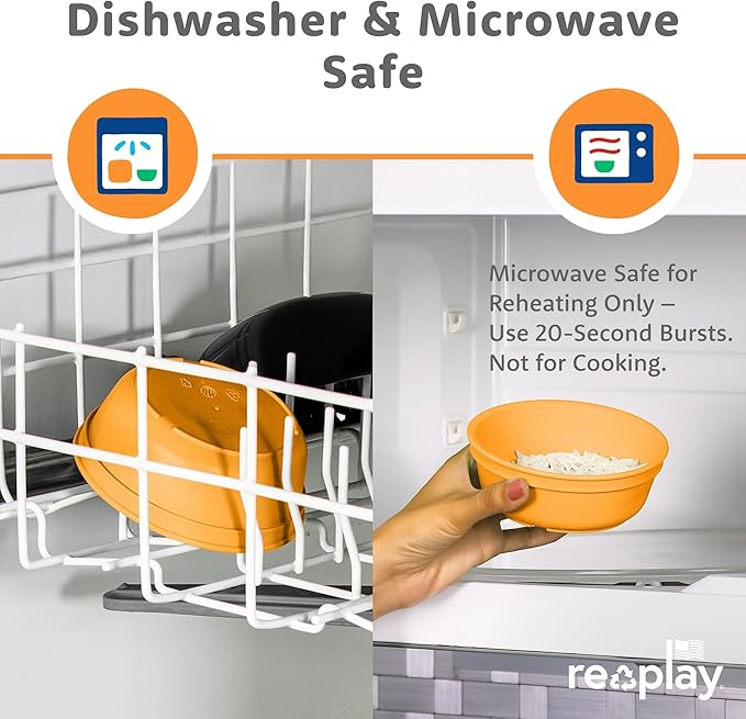 Re-Play 12 oz. Toddler Bowls Set of 4 - Kids Deep-Walled, Durable & Reusable Snack and Meal Bowls, Dishwasher & Microwave Safe, BPA-Free, Made in USA from Recycled Plastic, Citrus