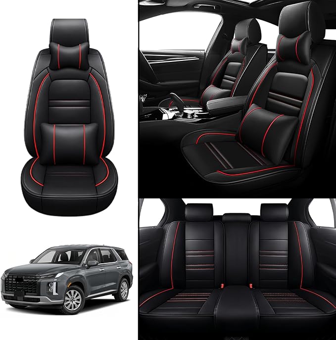 Car Seat Covers for Hyundai Car Palisade 2020-2025 | 5-Seats Seat Covers, Waterproof Seat Protectors, Automotive Seat Covers (Full Set with Pillow,Black&Red Line)