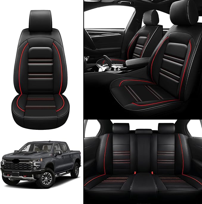 Seat Covers for Chevy Silverado 1500 2007-2025 | 5-Seats Leather Seat Covers, Easy to Install Automotive Seat Covers Full Set (Full Set, Black&Red Line)