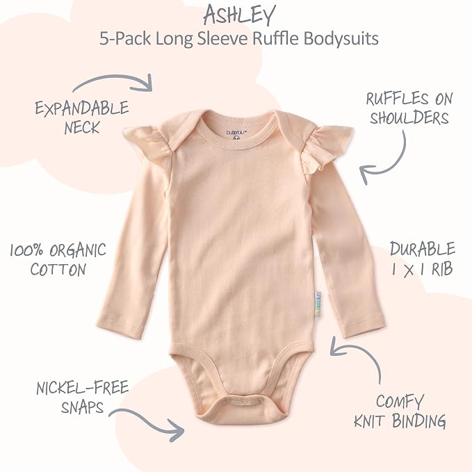 Butterblu Ashley 5-Pack Long Sleeve Ruffle Shoulder Bodysuits 100% Cotton | - Image 2