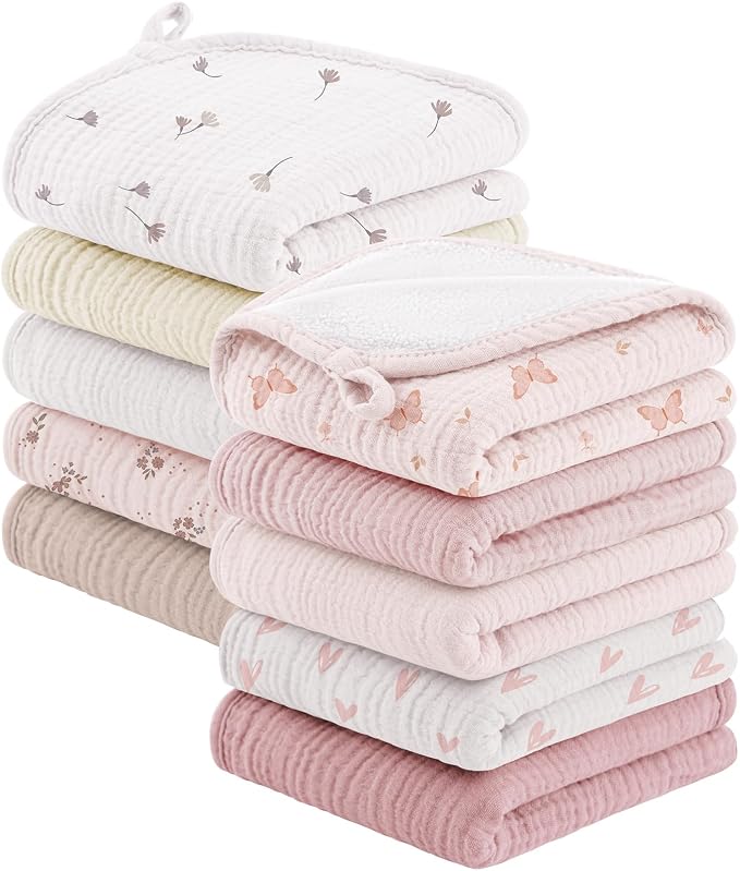 Bearmoss 10 Pack Muslin Burp Cloths, Newborn Essentials Large Extra Washcloths by Bearmoss