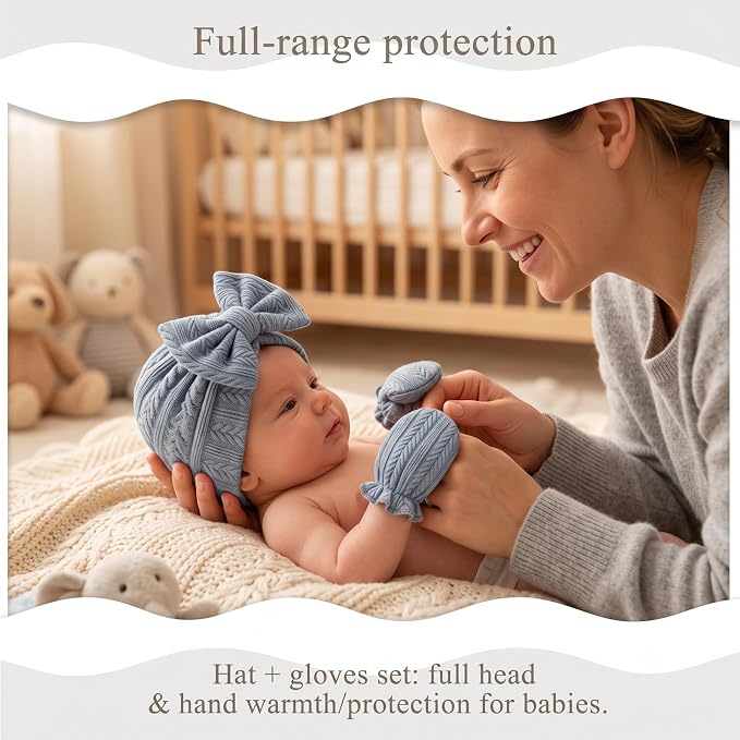 8 Sets Newborn Baby Girl Bow Hats and Mittens Turban Beanies 0-3M | Cotton - Image 7