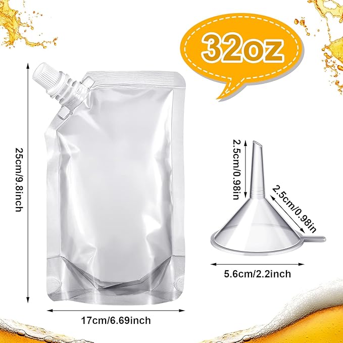 Meanplan 100 Pcs Plastic Pouches Bulk Reusable Squeeze Pouches Clear Plastic Juice Leak Proof Bags with Funnel for Party Favors Supplies(32 oz,Inclined Mouth)