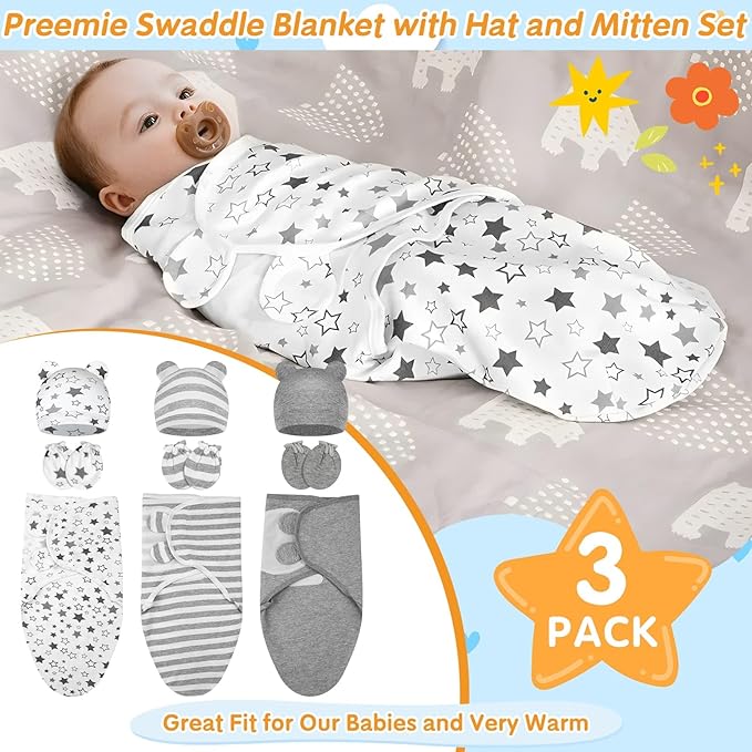 3 Pack Preemie Swaddle with Hat & Mittens Set, Adjustable Cotton Swaddle - Image 3