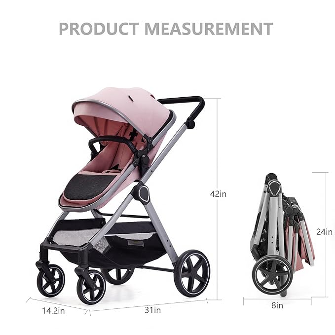 2 in 1 Baby Stroller, Newborn Infant Toddler Convertible Pram Stroller for 0-36 Months Old Babies (Pink)