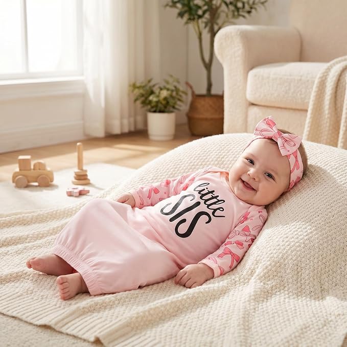 AMAWMW Newborn Baby Girl Little Sister Sleeper Gown Stripe Long Sleeve - Image 2