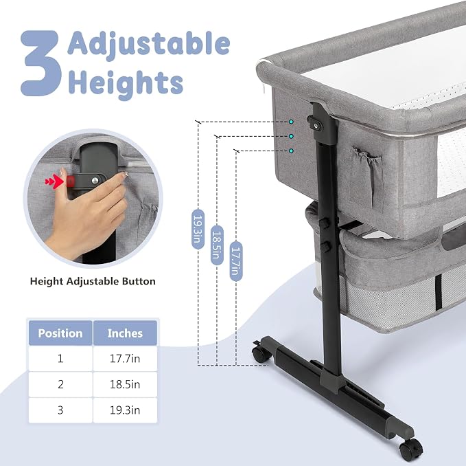Semphis Baby Bassinet, 3 in 1 Bassinets Bedside Sleeper, Adjustable Height - Image 2