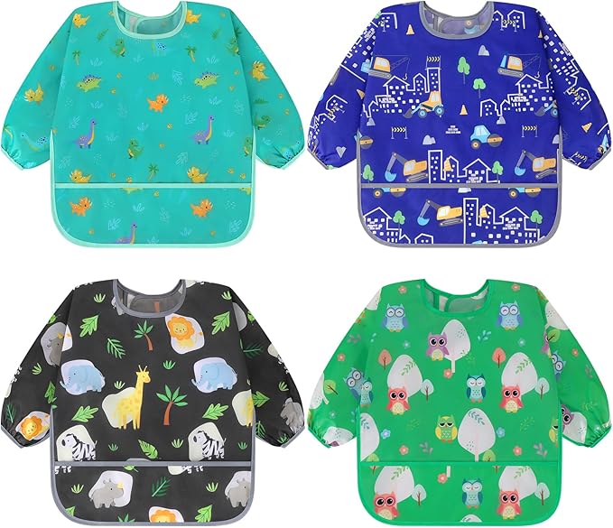 Accmor 4 Pack Long Sleeve Bibs, Baby Smock Waterproof Full Sleeved Bib by Accmor