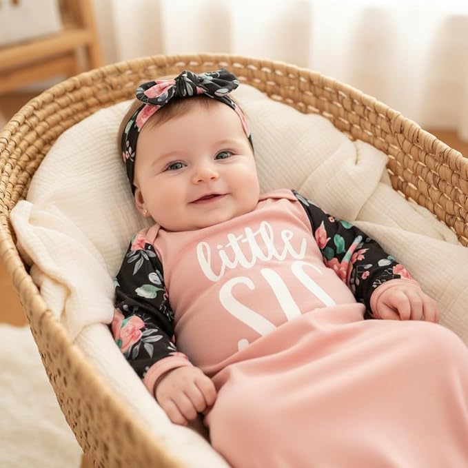 AMAWMW Newborn Baby Girl Little Sister Sleeper Gown Stripe Long Sleeve - Image 5