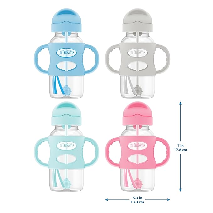 Dr. Brown's Milestones Wide-Neck Sippy Straw Bottle with 100% Silicone Handles and Weighted Straw, 9 oz/270 mL, Gray & Pink, 6m+, 2 Count (Pack of 6)