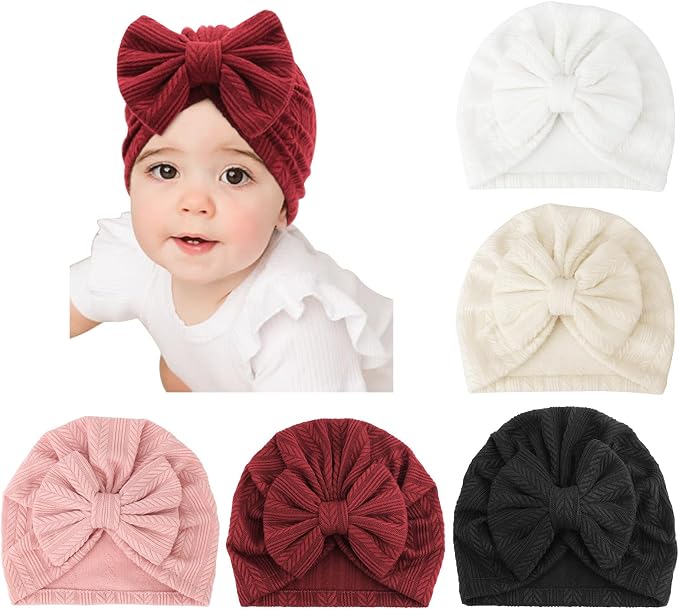 DRESHOW BQUBO 5 Pieces Newborn Baby Turban Hats Bow Baby Infant Beanie - Image 8