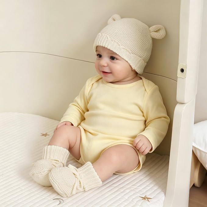 Hadetoto 100% Organic Cotton Baby Beanie and Booties Set | Newborn, Knit Sock - Image 2