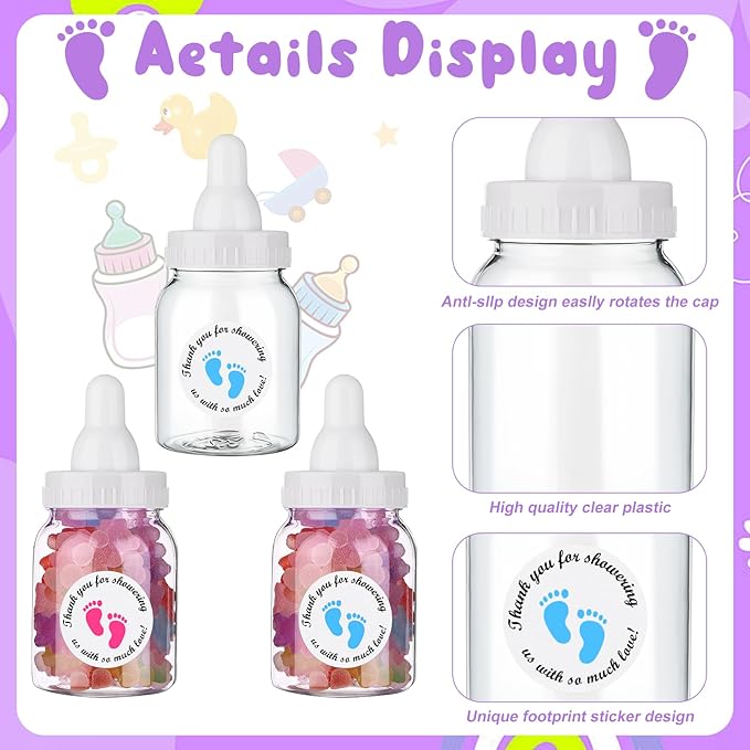 62 Pcs 3.5 Inch Baby Mini Milk Bottle Baby Shower Favor with 500 Adhesive Thank You for Showering Stickers, Small Plastic Candy Bottle DIY Gift for Boy Girl Newborn Baptism Party Decor (White)