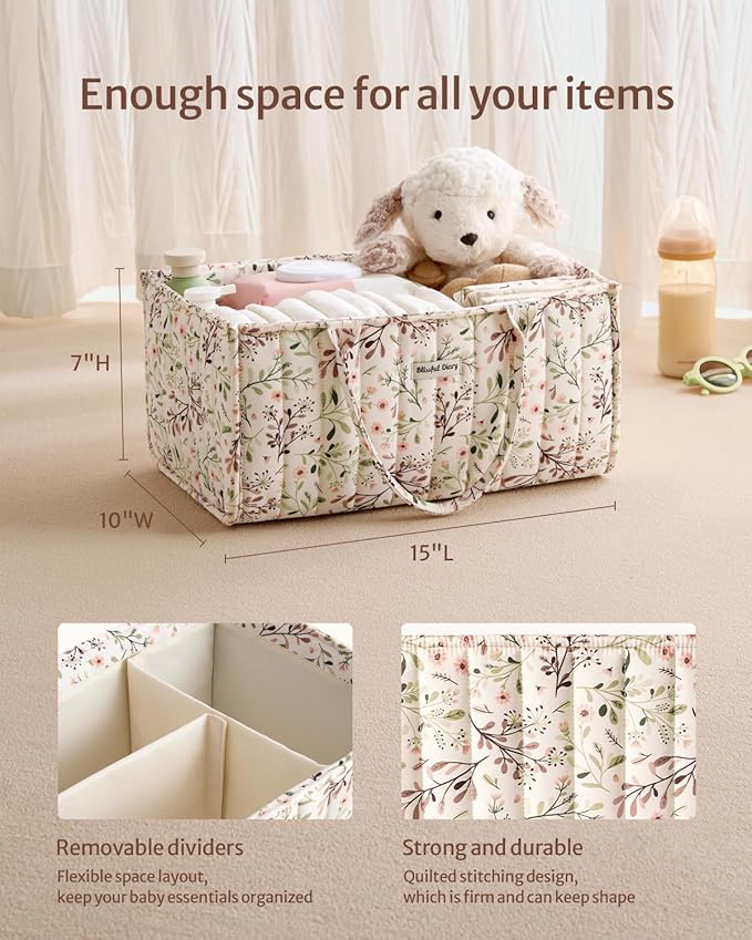 Blissful Diary Floral Diaper Caddy Organizer, Stylish Nursery Storage Basket, Gift for Baby Shower, Baby Registry Must Have, Newborn Essentials, Pastoral Daisy