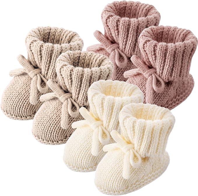 Evervibe 3 Pair Knitted Baby Booties | 100% Cotton, 0-6 Months Newborn by Evervibe