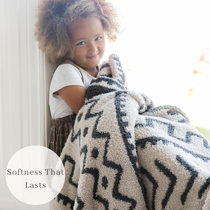 Saranoni Mudcloth Throw Blanket Soft Plush Double Layer Cream Black 50"x60" | - Image 2