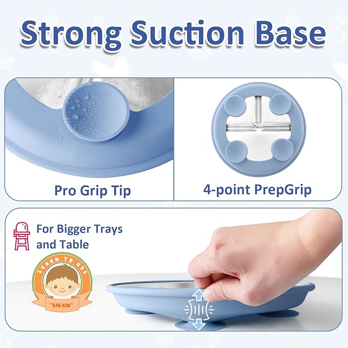 Stainless Steel Suction Plates for Toddlers, 9" Divided Kids Baby Plates with Removable Silicone Suction, Non Toxic Non Slip Portion Control Snack Dishes 4 Packs, Blue Gray Navy Sage