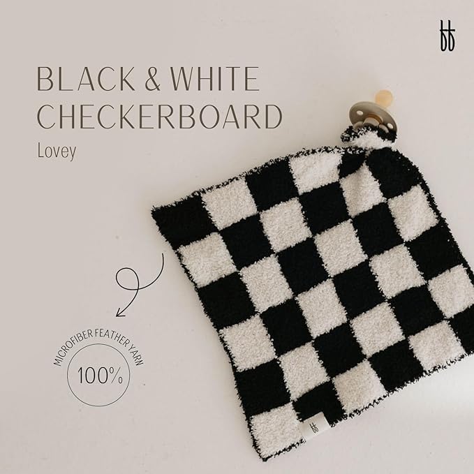 Forever French Baby | Lovey | Pacifier Holder | Lovey Baby Gifts | Boy & Girl | Ideal for Age 0 Months & Up | Microfiber Feather Yarn (Black & White Checkerboard)