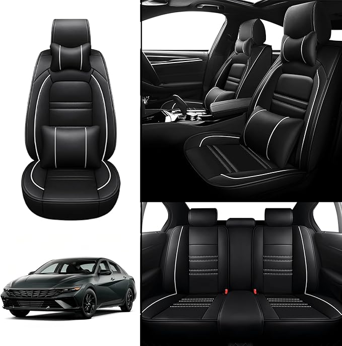 Car Seat Covers for Hyundai Car Elantra 2001-2025 | 5-Seats Seat Covers, Waterproof Seat Protectors, Automotive Seat Covers (Full Set with Pillow,Black&White Line)