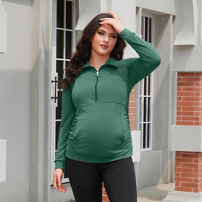 GINKANA Maternity Women's Long Sleeve Shirt Half Zipper Lapel Lightweight Casual Maternity Pullover with Pockets