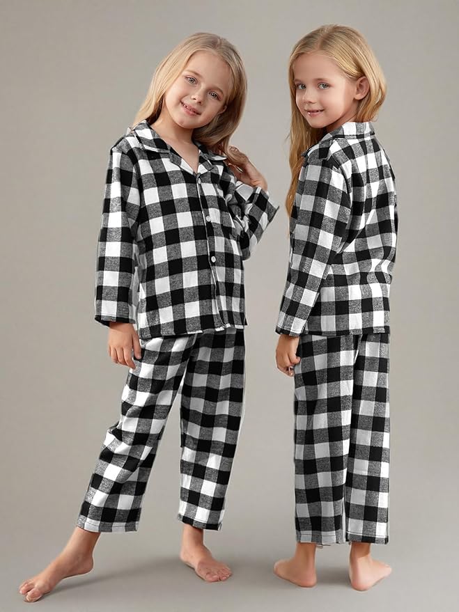 Schbbbta Kids Pajamas Set, Plaid Button Down Pjs for Girls & Boys, 9 Months - 14 Years