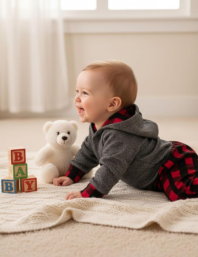 Fommy Newborn Baby Boy Clothes Plaid Letter Print Long Sleeve Hoodies + Long - Image 5