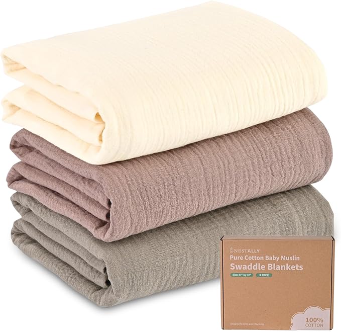 NESTALLY Cocoon Muslin Swaddle Blankets 3 Pack, Camel & Beige | 100% Cotton by NESTALLY