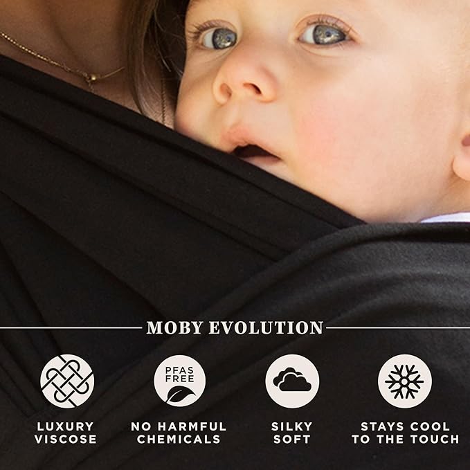 Moby Baby Wrap Carrier Evolution for Newborns to Toddlers (8-33lbs), Infant Sling Carrier, Lightweight & Hands Free Design, Adjustable for All Body Types, Baby Registry Gift (Black)