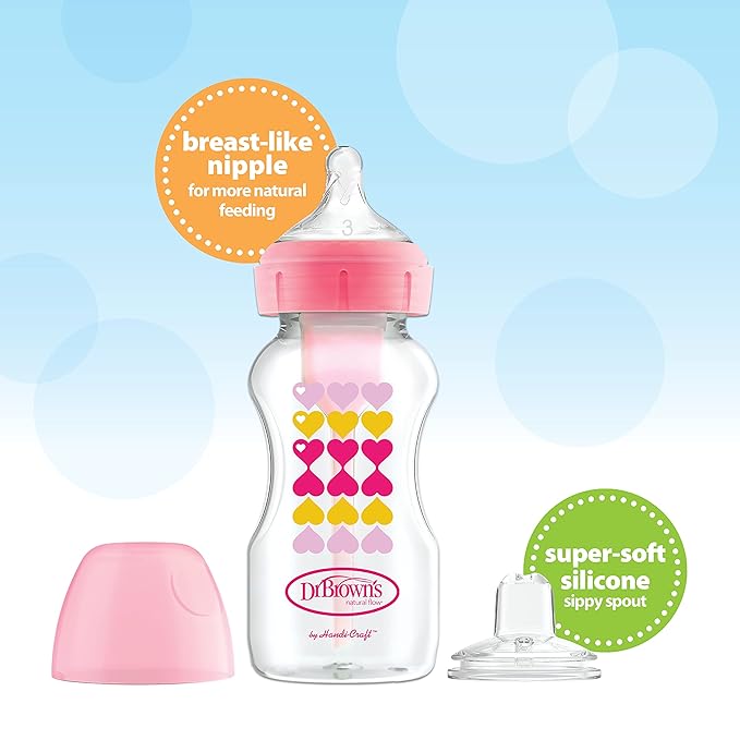Dr. Brown's Anti-Colic Options+ Wide-Neck Sippy Bottle Starter Kit, 9oz/270mL, with Level 3 Medium-Fast Flow Nipple and Soft 100% Silicone Sippy Spout, Pink, BPA Free, 6m+