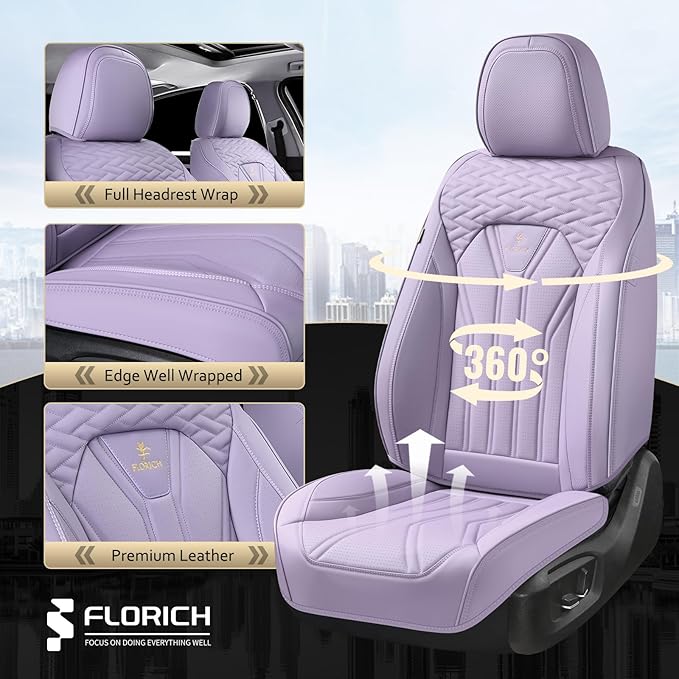 FLORICH Leather Car Seat Covers Full Set, Purple Car Seat Cover, Universal Full Coverage Car Seat Covers Waterproof Car Seat Cushion Protector Front Seats and Rear Fit for Most Cars Trucks SUVs