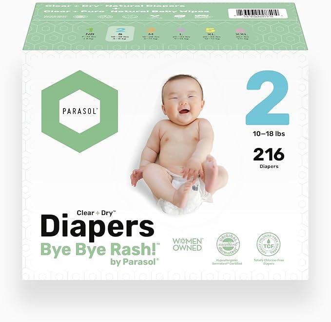 Parasol Clear+Dry Disposable Diapers and Clear+Pure Wipes Kit, RashShield Protection, Size 2 (10-18 lbs), Diaper Bundle of 216 Diapers & 240 Wipes