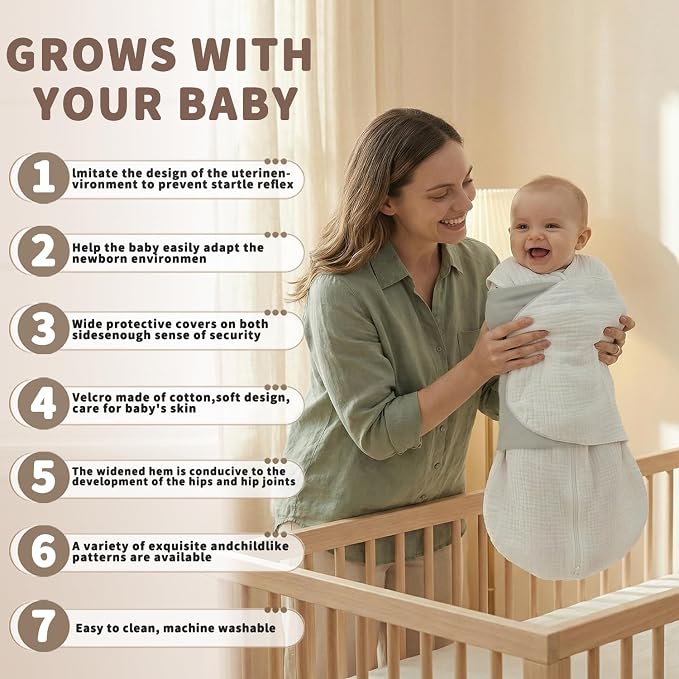 BSTOPPT Newborn Sleep Sack Baby Swaddle, 100% Muslin Cotton, 3-Way Adjustable - Image 4